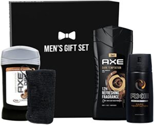 axe gift set for him, men’s holiday gift set includes dark temptation body wash, axe men dark temptation deodorant stick, axe dark temptation body spray and more in gift box