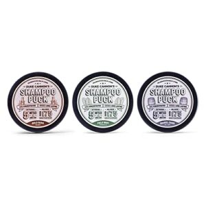 duke cannon supply co. shampoo puck for men hat trick (barrel char, gold rush, field mint) variety-pack – eco friendly, plastic free, solid shampoo, concentrated, long-lasting, 4.5 oz (variety 3 pack)
