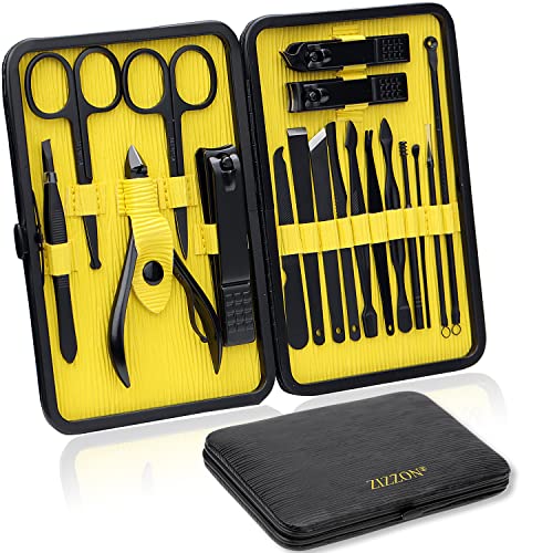 ZIZZON Manicure Set 18 in 1 Professional Pedicure Set Nail scissors Grooming Kit with Leather Travel Case (Black/Yellow)