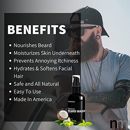 Newmen Beard Wash for Men - Beard Shampoo with Jojoba Oil & Coconut Oil, Natural Peppermint Scent with Beard Oil, Softens and Conditions Facial Hair, Beard Moisturizer