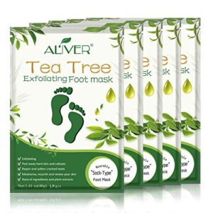 foot peel mask – 5 pack of tea tree foot mask – removes calluses,dead and dry skin – repairs rough heels, foot peeling mask for women and men