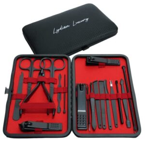 lydian luxury complete grooming kit 18 piece – professional travel nail kit gift for men and women, stainless steel manicure and pedicure nail tools clipper case for compact travel, black and red