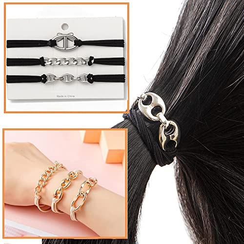 Bracelet Hair Ties With Gold Silvery and Beige Elastic,2 in 1 No Crease Hair Ponytails & Elastic,Looks Cute On Your Wrist And Great In Your Hair (3PCS, Black Silver new)