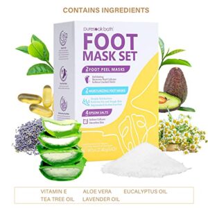 Foot Masks Puresoak Bath Foot Peel Mask (2 Pairs) + Moisturizing Foot Mask (2 Pairs) with 1Pack Epsom Salt Foot Spa Bath Kit Gift Set | Lavender Bliss Foot Peel Mask Lemongrass & Aloe Moisturizing Mask Foot Relaxing Soft Treatment for Women & Men Foot Car