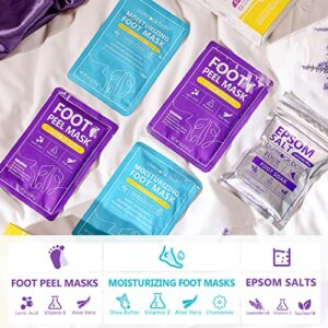 Foot Masks Puresoak Bath Foot Peel Mask (2 Pairs) + Moisturizing Foot Mask (2 Pairs) with 1Pack Epsom Salt Foot Spa Bath Kit Gift Set | Lavender Bliss Foot Peel Mask Lemongrass & Aloe Moisturizing Mask Foot Relaxing Soft Treatment for Women & Men Foot Car