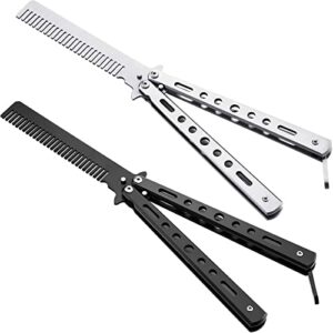 2 pieces butterfly combs stainless steel folding training practice combs hair styling tools for sport outdoor use (black, silver)
