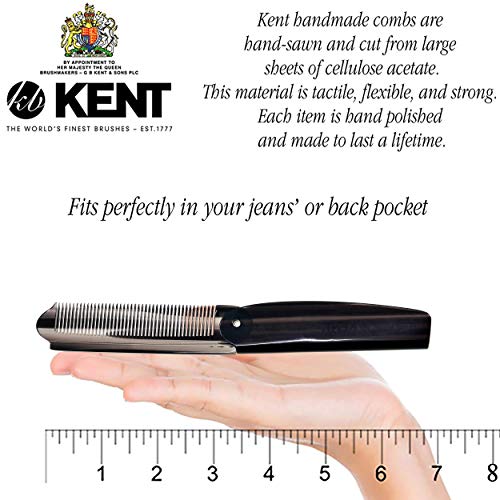 Kent 82T 4" Graphite Folding Pocket Comb for Men, Fine Tooth Hair Comb Straightener for Everyday Grooming Styling Hair, Beard or Mustache, Use Dry or with Balms, Saw Cut Hand Polished, Made in England