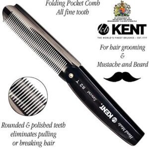 Kent 82T 4" Graphite Folding Pocket Comb for Men, Fine Tooth Hair Comb Straightener for Everyday Grooming Styling Hair, Beard or Mustache, Use Dry or with Balms, Saw Cut Hand Polished, Made in England