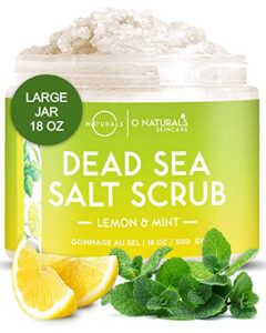 o naturals exfoliating lemon oil dead sea salt deep-cleansing face & body scrub. anti-cellulite tones helps oily skin, acne, ingrown hairs & dead skin remover. essential oils, sweet almond 18oz