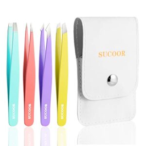 sucoor tweezers set – 4pcs professional stainless steel tweezers, best precision tweezers set for shaping eyebrows, great beauty tools for facial hair, ingrown hair, blackhead removal.(multi-color)