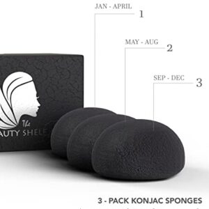 The Beauty Shelf Konjac Sponge (3 Pack) Activated Bamboo Charcoal. Facial Cleansing & Exfoliating Beauty Sponges