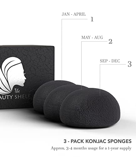 The Beauty Shelf Konjac Sponge (3 Pack) Activated Bamboo Charcoal. Facial Cleansing & Exfoliating Beauty Sponges