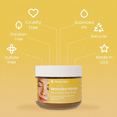 Honeyskin Bentonite Clay Face Mask with Manuka Honey - Gentle Face Exfoliator - Hydrating Facial Mask for Acne Prone and Dry Skin - Face Mask Skin Care w/ Pore Minimizer and Deep Cleanser (3oz)