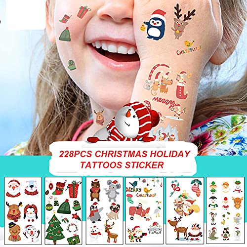 Temporary Tattoo for Kids Adults, 228 PCS Christmas Waterproof Body Stickers, Face Fake Tattoos Kit, Cute Tattoo Decorations, Birthday Party Favor Supplies Decor for Boys Girls Children Xmas Holiday