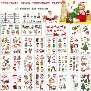 Temporary Tattoo for Kids Adults, 228 PCS Christmas Waterproof Body Stickers, Face Fake Tattoos Kit, Cute Tattoo Decorations, Birthday Party Favor Supplies Decor for Boys Girls Children Xmas Holiday