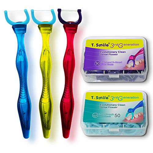 T.Smile Evolutionary Clean Dental Flossers, Kit of Refills Plus Mid-Length Handles, 3 Handles + 50 Extra-Strength Refills + 50 T-Tension Refills