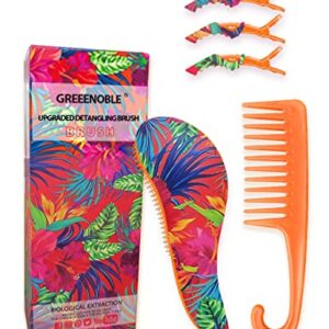 Detangling Hairbrush and Comb Set - Detangling Brush for Wet, Dry, Curly, Women & Kids Hair with Wide Tooth Comb and 3 Alligator Styling Sectioning Clips of Professional Hair Salon Quality (Tropica Plants)