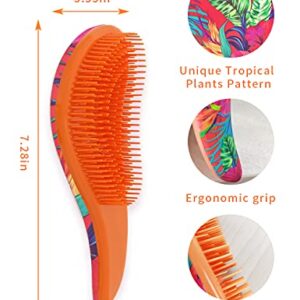 Detangling Hairbrush and Comb Set - Detangling Brush for Wet, Dry, Curly, Women & Kids Hair with Wide Tooth Comb and 3 Alligator Styling Sectioning Clips of Professional Hair Salon Quality (Tropica Plants)