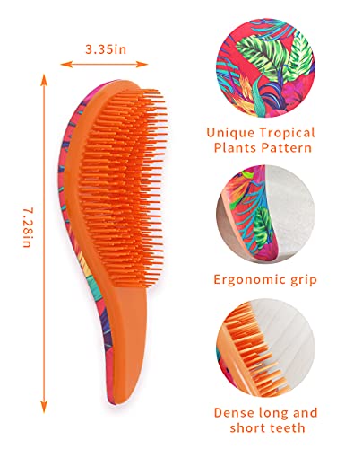 Detangling Hairbrush and Comb Set - Detangling Brush for Wet, Dry, Curly, Women & Kids Hair with Wide Tooth Comb and 3 Alligator Styling Sectioning Clips of Professional Hair Salon Quality (Tropica Plants)