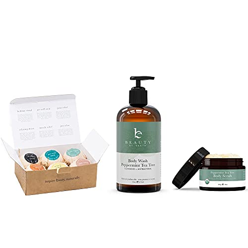 Bath Bombs Gift Set - Organic Shea Butter, Salts & Essential Oils - Peppermint Tea Tree Body Wash – for Oily or Acne Prone Skin - Organic Body Scrub - Peppermint Tea Tree Sugar Scrub Hydrating