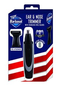 barbasol battery powered electric ear and nose trimmer with stainless steel blades, foil attachment, detail trimmer and stand