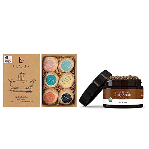 Bath Bombs Gift Set - 6 Large - Organic Shea Butter, Salts, Clays and Essential Oils - Organic Coffee Body Scrub - Sugar Scrub Hydrating Exfoliating, Body Exfoliator and Polish for Shower and Bath