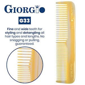 Giorgio G33 Double Tooth Small Hair Pocket Comb, Fine/Wide Tooth Comb For Hair, Beard and Mustache, Coarse/Fine Hair Styling Grooming Comb for Men, Women and Kids. Saw Cut Handmade and Polished