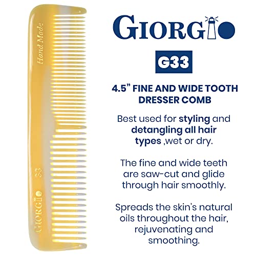 Giorgio G33 Double Tooth Small Hair Pocket Comb, Fine/Wide Tooth Comb For Hair, Beard and Mustache, Coarse/Fine Hair Styling Grooming Comb for Men, Women and Kids. Saw Cut Handmade and Polished