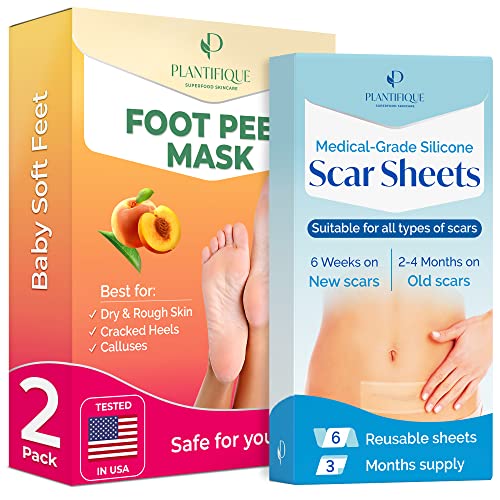 PLANTIFIQUE Foot Peel Mask with Peach 2 Pair and Silicone Scar Sheets 6 Pack