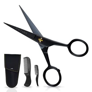 ontaki 5″ professional german beard & mustache scissors with 2 comb & carrying pouch for men hand forged bevel edge for precision – perfect men’s facial hair grooming kit all body facial hair (black)
