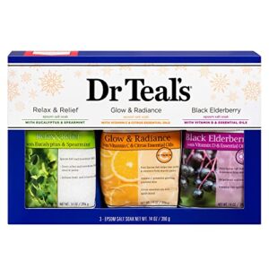 Dr Teal's Epsom Salt Variety Pack Gift Set (Relax & Relief with Eucalyptus & Spearmint, Glow & Radiance with Vitamin C & Citrus, and Black Elderberry with Vitamin D & Essential Oils 14 oz. Bags).