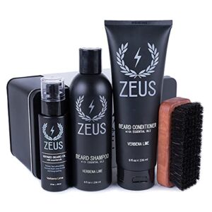 zeus deluxe beard wash & care set – with beard wash, refined beard oil & palm beard brush (verbena lime)