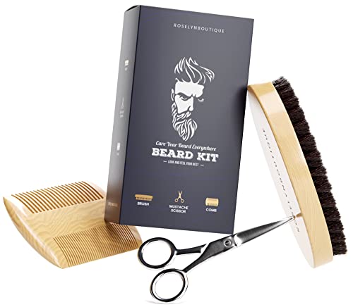 Beard Kit Brush Comb Scissors with Storage Bag Beard Growth Care Gifts for Men(Beard Brush Set)