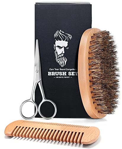 Beard Kit Brush Comb Scissors with Storage Bag Beard Growth Care Gifts for Men(Beard Brush Set)