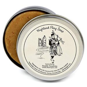 seattle sundries | sweet honey & oatmeal soap for women & men – 1 (4oz) exfoliating all-natural bar soap in a reusable travel tin – highlander theme gift