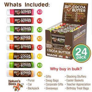 Nature's Bees (24 Count, 8 Flavors) Cocoa Butter Flavored Lip Balm Tubes Set Bulk Assortment Natural Chap Treatment Moisturizer For Very Dry Lips