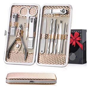 nail grooming kit 12 pieces – nail care kit for women stainless steel, professional hand, foot & nail tools with luxurious travel case. compact 6×3″ (rose gold)