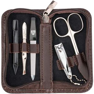 3 Swords Germany - brand quality 5 piece manicure pedicure grooming kit set for professional finger & toe nail care scissors clipper genuine leather case in gift box, Made in Solingen Germany (03638)