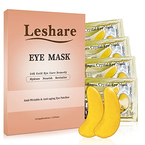 LESHARE 24K Gold Eye Mask for Reduce Dark Circles and Puffiness, Collagen Under Eye Mask and Under Eye Patches for Reduce Wrinkles, Refresh Your Eyes Skin, 24 Pairs