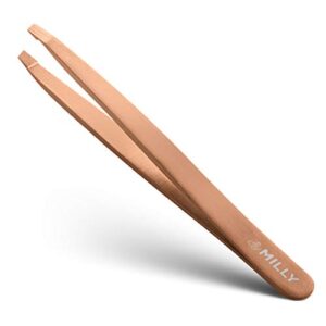 by milly german steel professional slanted tweezers – hammer forged 100% stainless steel – hand-filed and aligned slant tips for precision – rose gold