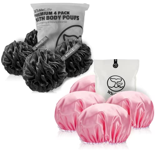 Bath Loofahs Sponge Natural4 Pack (Black) & Shower Cap 4pack (Pink) for Men and Women