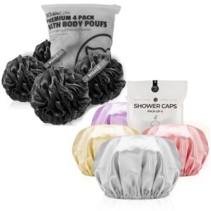 bath loofahs sponge natural4 pack (black) & shower cap 4pack (gray pink yellow purple) for men and women