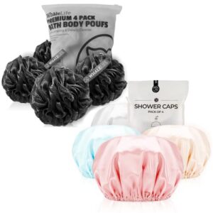 bath loofahs sponge natural4 pack (black) & shower cap 4pack (pink blue yellow gray) for men and women