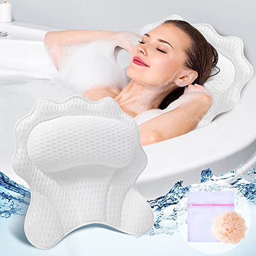 Bathtub Pillow with 4D Air Mesh Thick Soft, Bath Pillows for Tub Neck and Back Support, Hot Tub Pillow for Women & Men, Powerful Suction Cups, Best Gift, White