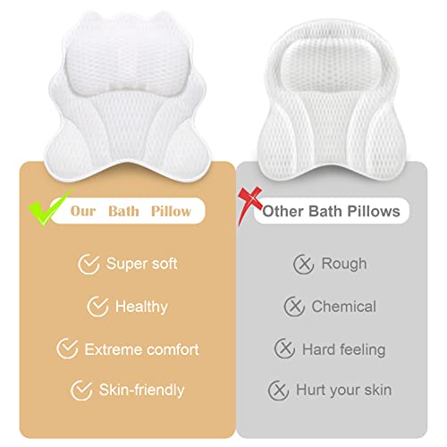 Bathtub Pillow with 4D Air Mesh Thick Soft, Bath Pillows for Tub Neck and Back Support, Hot Tub Pillow for Women & Men, Powerful Suction Cups, Best Gift, White