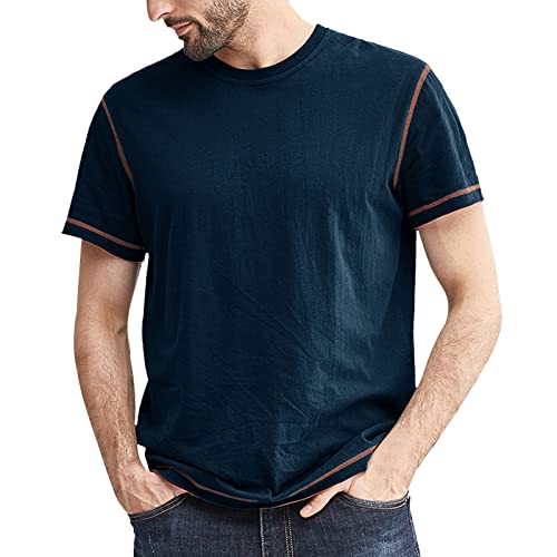 Men's Spring and Summer Fashion Leisure Sports Patchwork Color Line Crewneck T Shirt Short Sleeved Top