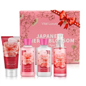 vital luxury bath & body kit, 3 fl oz, ideal skincare gift home spa set, includes body lotion, shower gel, body cream, and fragrance mist,valentines day gifts for her and him (japanese cherry blossoms)