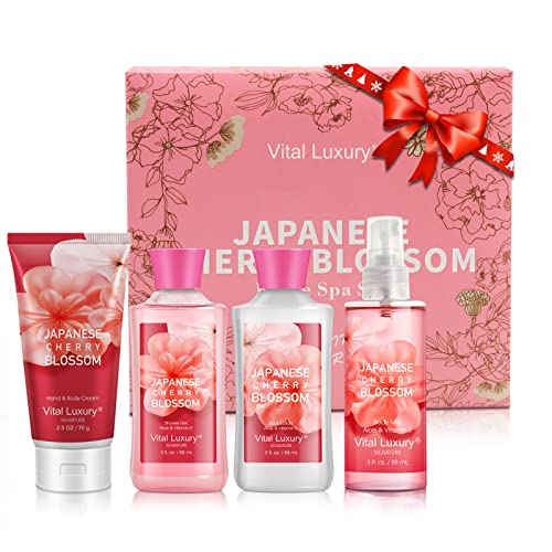 Vital Luxury Bath & Body Kit, 3 Fl Oz, Ideal Skincare Gift Home Spa Set, Includes Body Lotion, Shower Gel, Body Cream, and Fragrance Mist,Valentines Day Gifts for Her and Him (Japanese Cherry Blossoms)