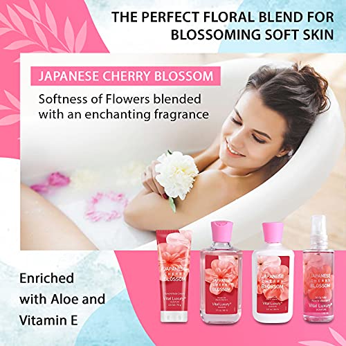 Vital Luxury Bath & Body Kit, 3 Fl Oz, Ideal Skincare Gift Home Spa Set, Includes Body Lotion, Shower Gel, Body Cream, and Fragrance Mist,Valentines Day Gifts for Her and Him (Japanese Cherry Blossoms)