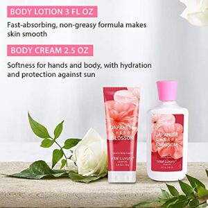 Vital Luxury Bath & Body Kit, 3 Fl Oz, Ideal Skincare Gift Home Spa Set, Includes Body Lotion, Shower Gel, Body Cream, and Fragrance Mist,Valentines Day Gifts for Her and Him (Japanese Cherry Blossoms)